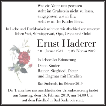 Traueranzeige von Ernst Haderer von Mitteldeutsche Zeitung Quedlinburg