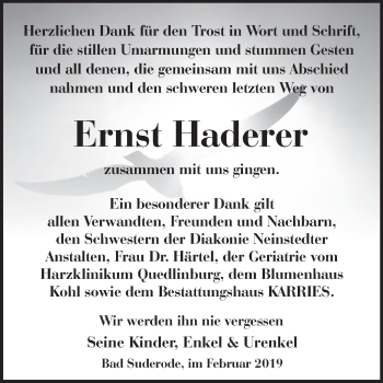 Traueranzeige von Ernst Haderer von WVG - Wochenspiegel Quedlinburg