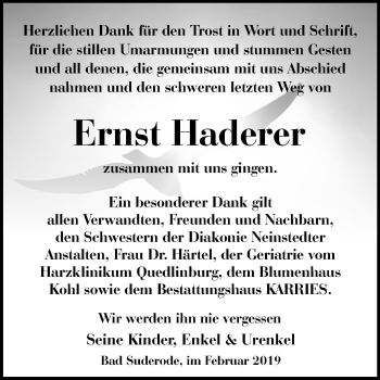 Traueranzeige von Ernst Haderer von Mitteldeutsche Zeitung Quedlinburg
