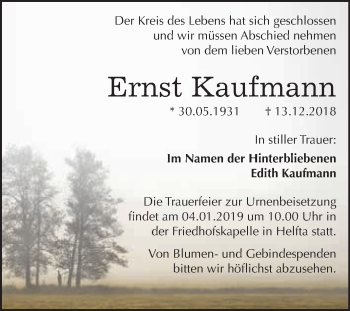 Traueranzeige von Ernst Kaufmann von Wochenspiegel Mansfelder Land
