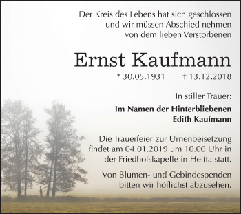 Traueranzeige von Ernst Kaufmann von Mitteldeutsche Zeitung Mansfelder Land