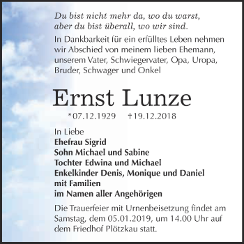 Traueranzeige von Ernst Lunze von Super Sonntag Bernburg