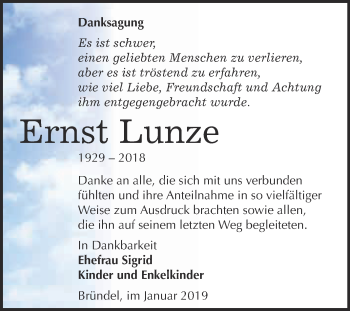 Traueranzeige von Ernst Lunze von Super Sonntag Bernburg