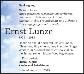Traueranzeige von Ernst Lunze von Mitteldeutsche Zeitung Bernburg