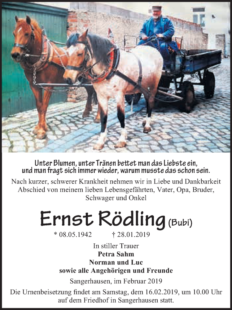  Traueranzeige für Ernst Rödling vom 09.02.2019 aus Super Sonntag SGH Mansf. Land