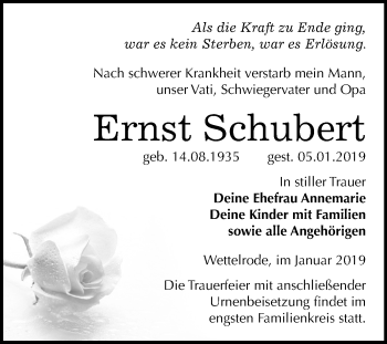 Traueranzeige von Ernst Schubert von Mitteldeutsche Zeitung Sangerhausen