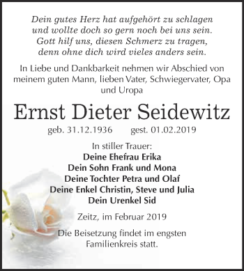 Traueranzeige von Ernst Dieter Seidewitz von WVG - Wochenspiegel NMB / WSF / ZTZ