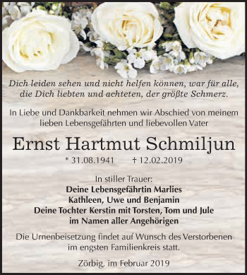 Traueranzeige von Ernst Hartmut Schmiljun von WVG - Wochenspiegel Bitterfeld