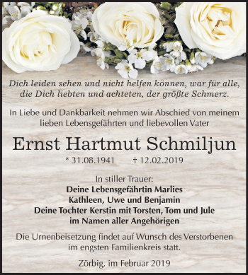 Traueranzeige von Ernst Hartmut Schmiljun von Mitteldeutsche Zeitung Bitterfeld