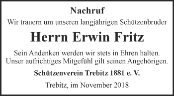 Traueranzeige von Erwin Fritz von Super Sonntag Wittenberg