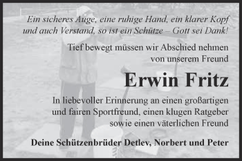 Traueranzeige von Erwin Fritz von Super Sonntag Wittenberg