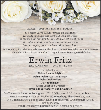 Traueranzeige von Erwin Fritz von WVG - Wochenspiegel Wittenberg
