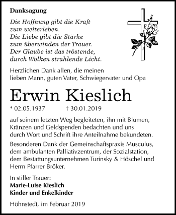 Traueranzeige von Erwin Kieslich von Mitteldeutsche Zeitung Halle/Saalkreis