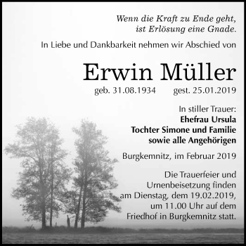 Traueranzeige von Erwin Müller von WVG - Wochenspiegel Bitterfeld