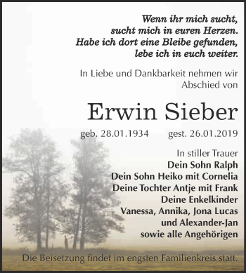 Traueranzeige von Erwin Sieber von WVG - Wochenspiegel Wittenberg