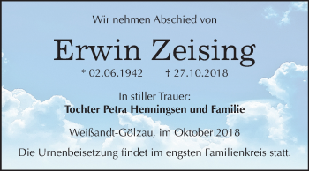 Traueranzeige von Erwin Zeising von Mitteldeutsche Zeitung Köthen