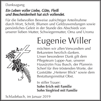 Traueranzeige von Eugenie Willer von Super Sonntag Merseburg