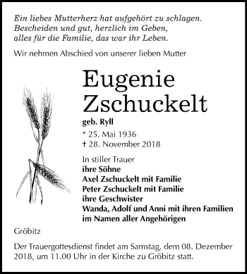 Traueranzeige von Eugenie Zschuckelt von Mitteldeutsche Zeitung Weißenfels