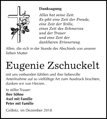 Traueranzeige von Eugenie Zschuckelt von Mitteldeutsche Zeitung Weißenfels