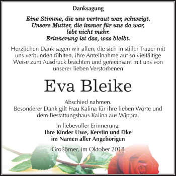 Traueranzeige von Eva Bleike von Mitteldeutsche Zeitung Mansfelder Land