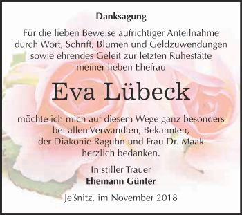 Traueranzeige von Eva Lübeck von WVG - Wochenspiegel Bitterfeld