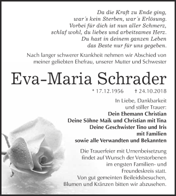 Traueranzeige von Eva-Maria Schrader von WVG - Wochenspiegel Bitterfeld