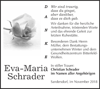 Traueranzeige von Eva-Maria Schrader von WVG - Wochenspiegel Bitterfeld