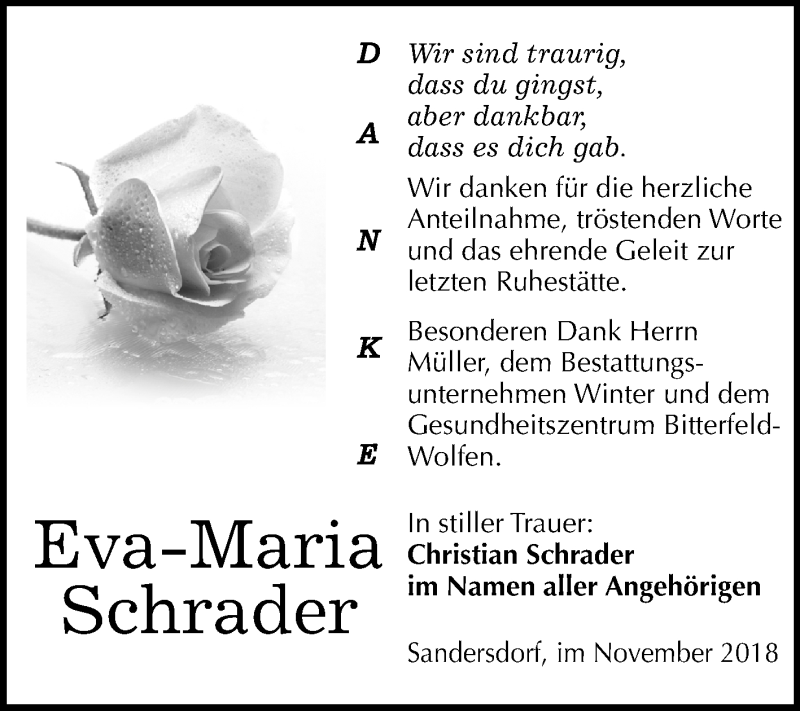  Traueranzeige für Eva-Maria Schrader vom 17.11.2018 aus Mitteldeutsche Zeitung Bitterfeld