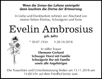 Traueranzeige von Evelin Ambrosius von WVG - Wochenspiegel Dessau / Köthen