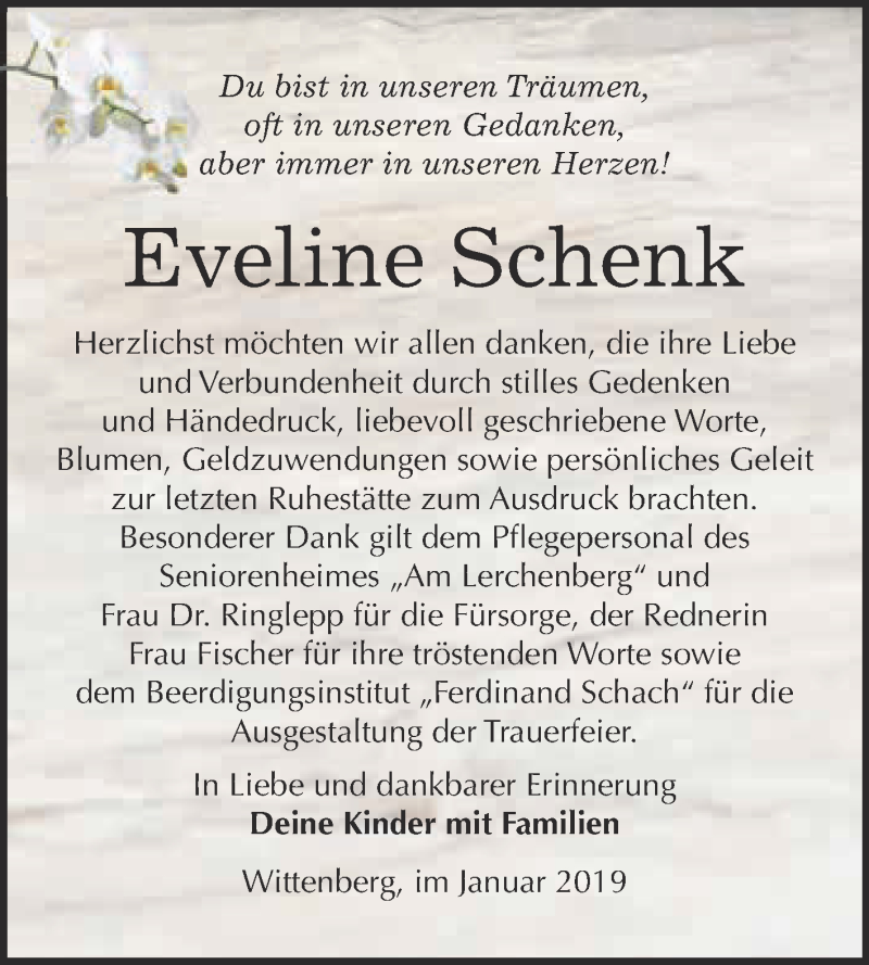  Traueranzeige für Eveline Schenk vom 02.02.2019 aus WVG - Wochenspiegel Wittenberg