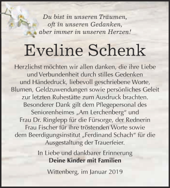 Traueranzeige von Eveline Schenk von WVG - Wochenspiegel Wittenberg