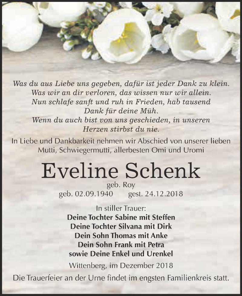  Traueranzeige für Eveline Schenk vom 05.01.2019 aus WVG - Wochenspiegel Wittenberg
