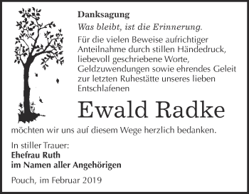 Traueranzeige von Ewald Radke von WVG - Wochenspiegel Bitterfeld