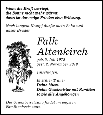Traueranzeige von Falk Altenkirch von WVG - Wochenspiegel Dessau / Köthen