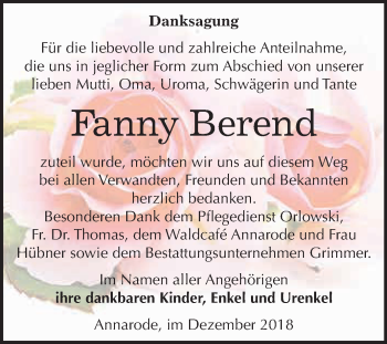 Traueranzeige von Fanny Berend von Super Sonntag SGH Mansf. Land