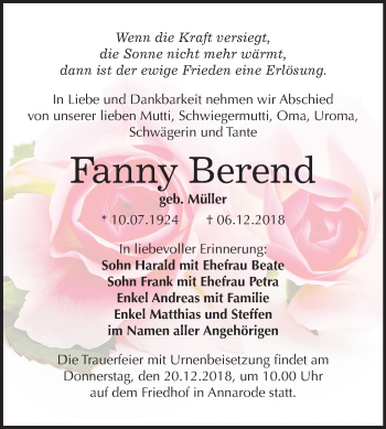 Traueranzeige von Fanny Berend von Mitteldeutsche Zeitung Aschersleben