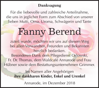 Traueranzeige von Fanny Berend von Mitteldeutsche Zeitung Aschersleben