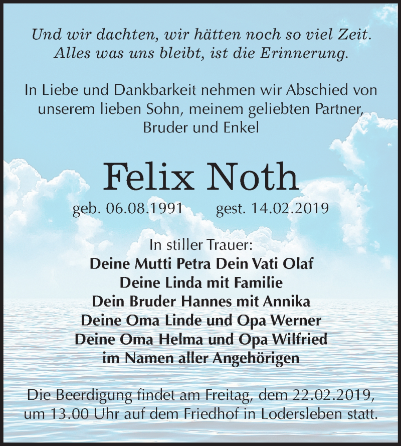  Traueranzeige für Felix Noth vom 20.02.2019 aus Mitteldeutsche Zeitung