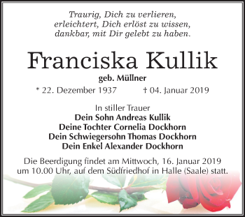 Traueranzeige von Franciska Kullik von Mitteldeutsche Zeitung Halle/Saalkreis