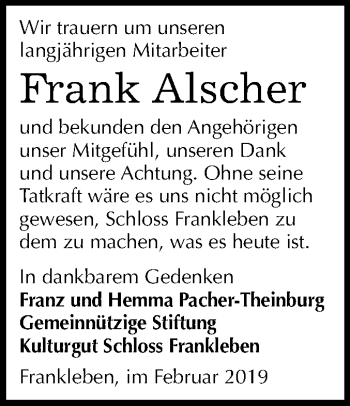 Traueranzeige von Frank Alscher von Mitteldeutsche Zeitung Merseburg/Querfurt
