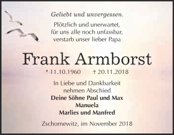 Traueranzeige von Frank Armborst von WVG - Wochenspiegel Wittenberg