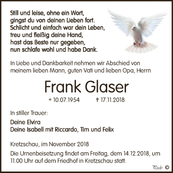 Traueranzeige von Frank Glaser von Super Sonntag Zeitz