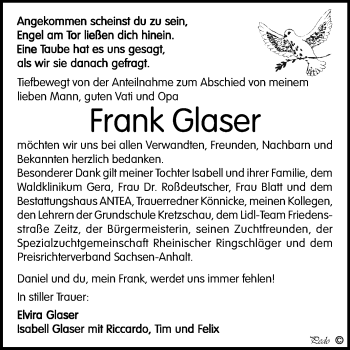 Traueranzeige von Frank Glaser von Mitteldeutsche Zeitung Zeitz