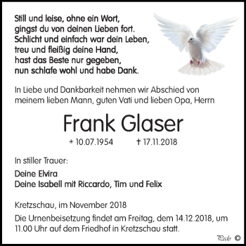 Traueranzeige von Frank Glaser von Mitteldeutsche Zeitung Zeitz