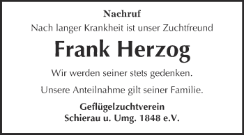 Traueranzeige von Frank Herzog von WVG - Wochenspiegel Bitterfeld