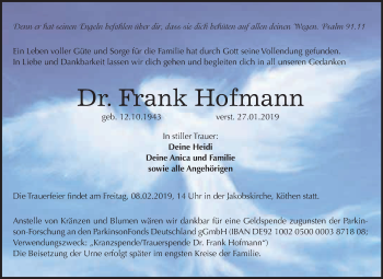Traueranzeige von Frank Hofmann von WVG - Wochenspiegel Dessau / Köthen
