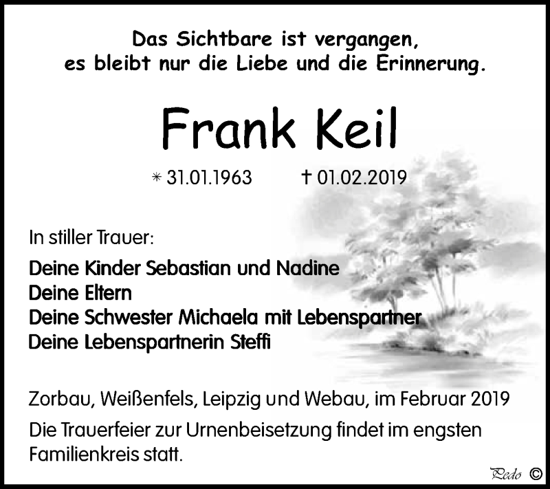  Traueranzeige für Frank Keil vom 11.02.2019 aus WVG - Wochenspiegel NMB / WSF / ZTZ