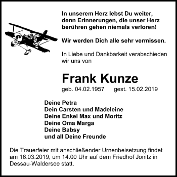 Traueranzeige von Frank Kunze von Mitteldeutsche Zeitung Dessau-Roßlau