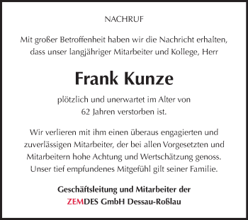 Traueranzeige von Frank Kunze von Mitteldeutsche Zeitung Dessau-Roßlau