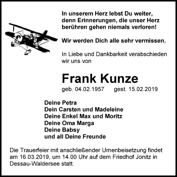 Traueranzeige von Frank Kunze von WVG - Wochenspiegel Dessau / Köthen
